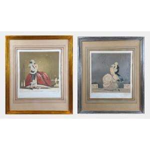 Pair Of Large Engravings Enhanced With Gouache, Signed Georges Pierre Guinegault (1893-1982)