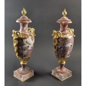 Pair Of Large Louis XVI Style Cassolettes In Belgian Royal Marble And Gilt Bronze