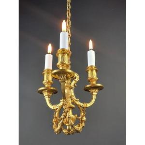 Small Louis XVI Style Three-light Chandelier In Gilt Bronze