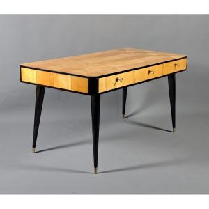 Center Desk In Sycamore And Blackened Wood – 1950s Design
