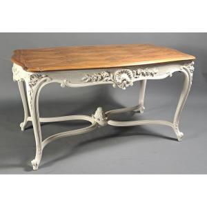 Large Louis XV Rococo Style Center Table In Carved And White Lacquered Walnut