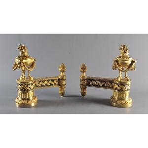 Pair Of Louis XVI Ormolu And Patinated Andirons