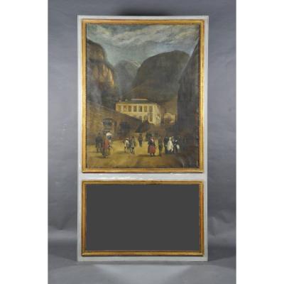 Large Trumeau In Gray And Gilded Lacquered Wood From Restoration Period