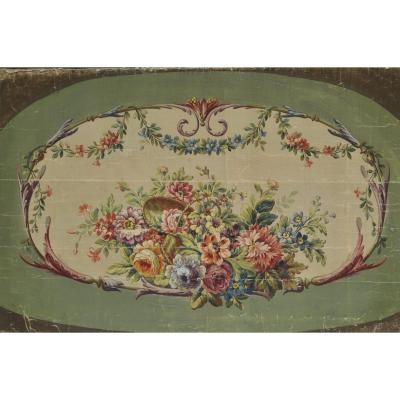 19th Century Aubusson Cardboard With Flower Basket Decor