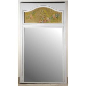 Large Louis XV Trumeau In Gray Lacquered Wood