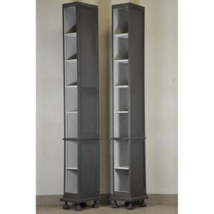 Pair Of High Columns Bookcases In Gray Patinated Wood