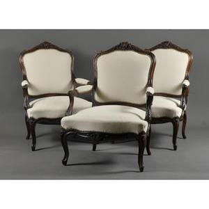 Suite Of Three Large Louis XV Style Armchairs In Carved Walnut