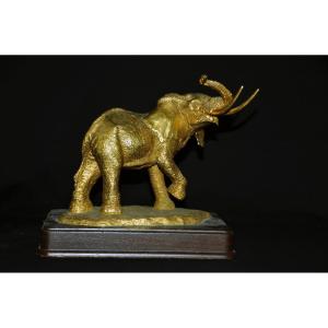 Bronze Elephant On Wooden Base 20th Century Signed