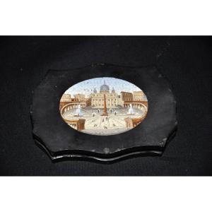 Paperweight Decorated In Micro Mosaic, Place Saint-pierre, 19th Century, Marble Base