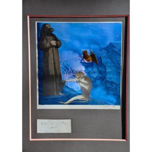 Collage/painting Signed Jacques Prévert 1969