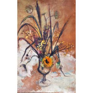 Eisenschitz Painting Circa 1950 On Hardboard Still Life With Bouquet