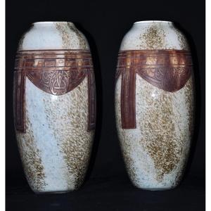 Pair Of Ovoid Vases Signed Legras Art Deco Marbled Glass Paste Circa 1930