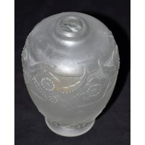 Crystal Vase Signed Sabino Molded Frosted Floral Decoration Circa 1930
