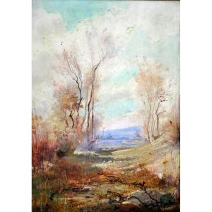 Oil On Canvas Signed Ageron, Animated Landscape, 20th Century