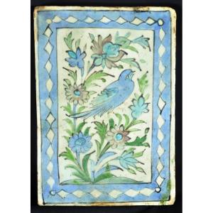 Earthenware Tile Decorated With Iran, Qajar Period, Early 19th Century, Floral And Bird Decoration