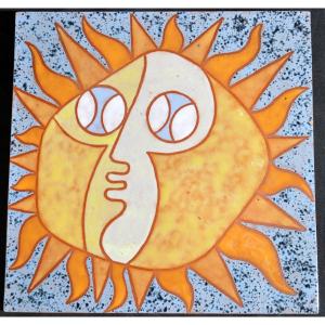 Ceramic Signed Dominique Beaudart Representing A Stylized Solar Face