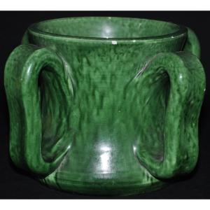Atelier Madoura Vallauris Green Ceramic Vase With Handles Signed