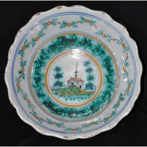 Nevers Earthenware Dish With Chinese Pagoda Decoration, 18th Century