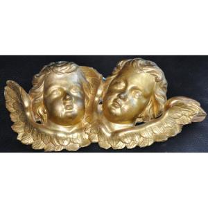 Gilded Wooden Bas-relief Attributed To Jacques Bernus Two Cherub Heads 18th Century