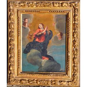 Oil On Hammered Copper Depicting The Assumption Of The Virgin, 17th Century