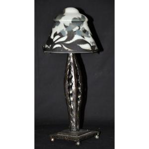 Lamp Signed Muller Frères Multi-layer Glass Paste Forged Base In The Style Of Brandt