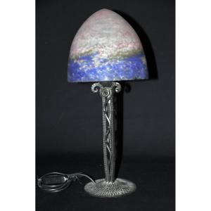 Lamp Circa 1925, Lampshade Signed Muller Frères, Wrought Iron Base