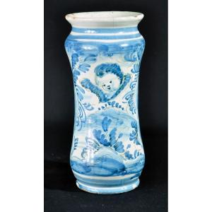 Albarelo In Earthenware Decorated In Blue Monochrome With A Cherub Motif, Late 17th Century