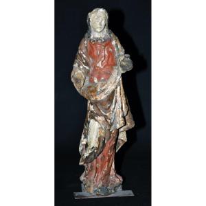 Polychrome Wooden Sculpture Representing The Virgin, 17th Century