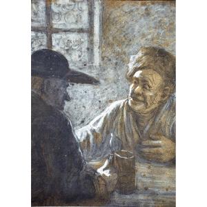 Alphonse Lévy Known As Alan Levy Original Pastel Tavern Scene Between A Muslim And A Jew