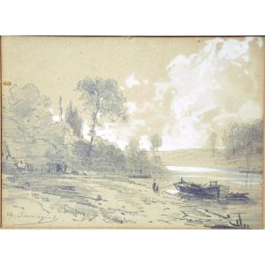 Charles-théodore Sauvageot Graphite Pencil River Landscape