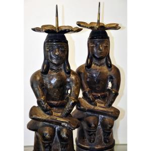 Pair Of Mexican Pre-columbian Style Bronze Candlesticks, 20th Century