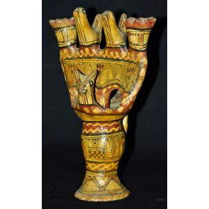 Late 19th Century Kabyle Pottery Candlestick With Polychrome Geometric Decoration