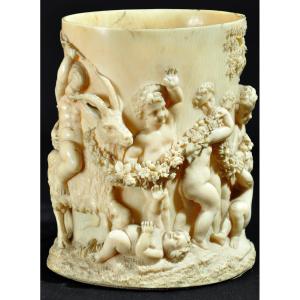 Carved Ivory Cup Decorated With Putti In Homage To Bacchus, 17th Century