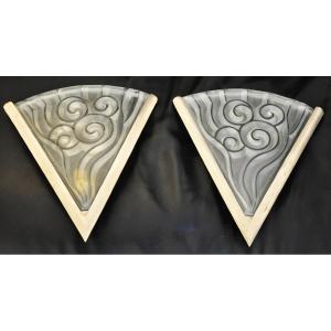 Pair Of Angular Art Deco Wall Lights With Silver Metal Frames