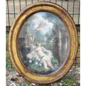 18th Century Oval Pastel On Canvas Paper, Country Scene