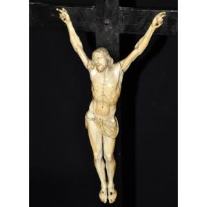 Crucifix In Blackened Wood, Christ In Carved Ivory, 17th Century