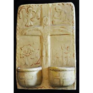 Terracotta Plaque Signed Msd Anne Dangar Moly-sabata Enamelled With Double Holy Water Font 