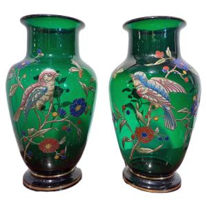 Pair Of Vases In Green Enameled Glass, Late 19th Century