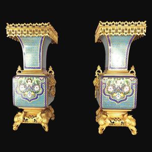 Pair Of Japanese-style Cloisonné Enamel Vases Attributed To Ferdinand Barbedienne (1810-1892) And