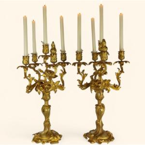 Pair Of Large Five-branch Candelabra In Gilt Bronze, After Meissonier