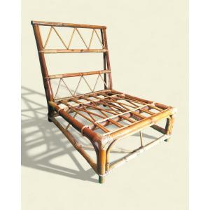 Low Rattan Settee Armchair By Audoux-minnet - Golfe-juan, 1950s-1960s