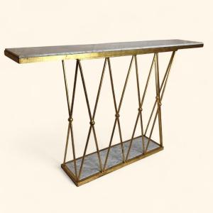 Wall Console In Gold-plated Metal And White Marble, "eiffel Tower", In The Taste Of Jean Royere
