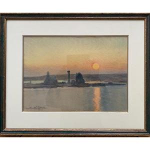 Eugène Villon (1879-1951) Watercolor "setting Sun At Camaret" Brittany  