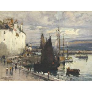 Eugène Villon (1879-1951) Watercolor "view Of Douarnenez" Brittany  