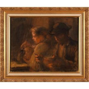 Louis Marie Desire Lucas (1869-1949) Mixed Media "meals Among Breton Peasants"