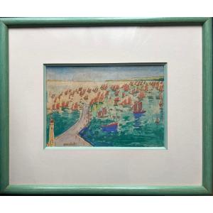 Elisée Maclet (1881-1962) Watercolor "cancale" Brittany