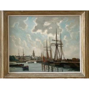 Maurice Menardeau ( 1897-1977) Oil On Canvas  "harbour In Brittany " Signed Lower Left 