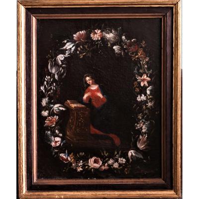 Virgin In A Flower's Garland - Oil On Canvas 18th