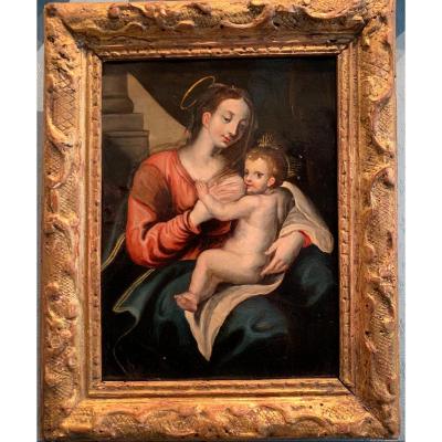 Virgin Mary Breastfeeding Jesus - Genoese School Italy Early 17th Century