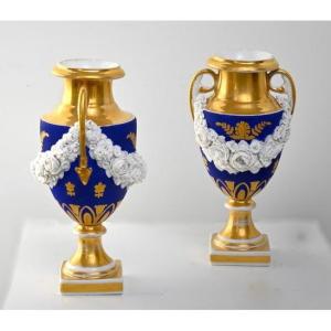 Pair Of Small Porcelain And Slip Vases, 19th Century